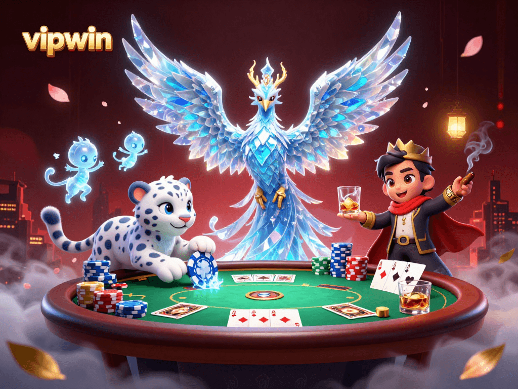 Experience thrilling games at vipwin with an ice phoenix, poker chip, and vibrant casino atmosphere.
