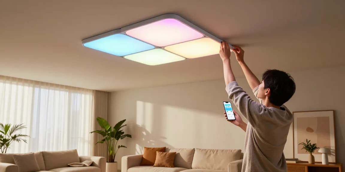 Nanoleaf Skylight Test installation in a modern living room, showcasing vibrant lighting and modular ceiling design.