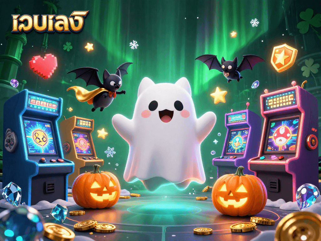 Engage with เว็บตรง slots in a vivid casino scene featuring a ghost cat and a bat.
