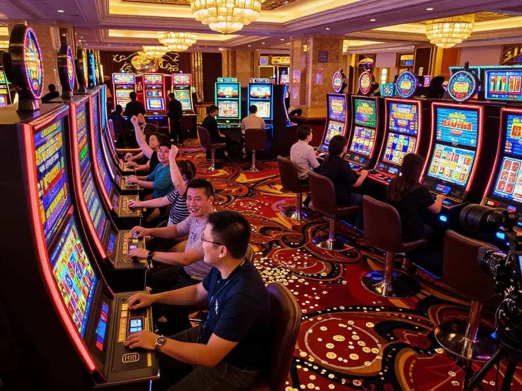 Pemain yang bersemangat merayakan kemenangan di area mesin slot yang menyoroti permainan toto macau.