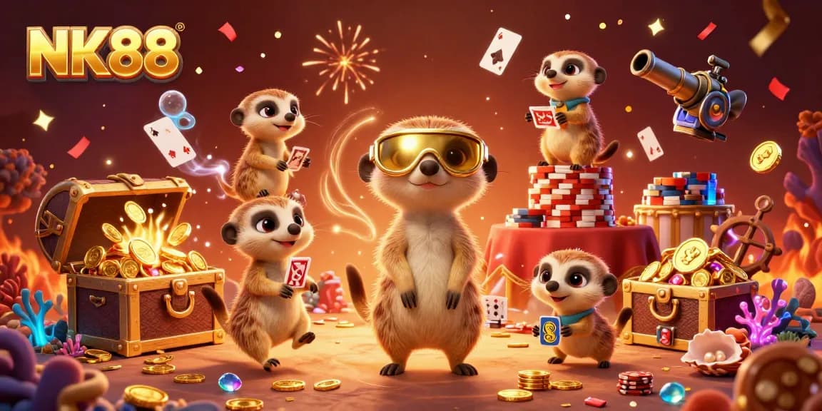 Join the vibrant casino adventure with NK88's meerkats celebrating big wins and gameplay excitement!