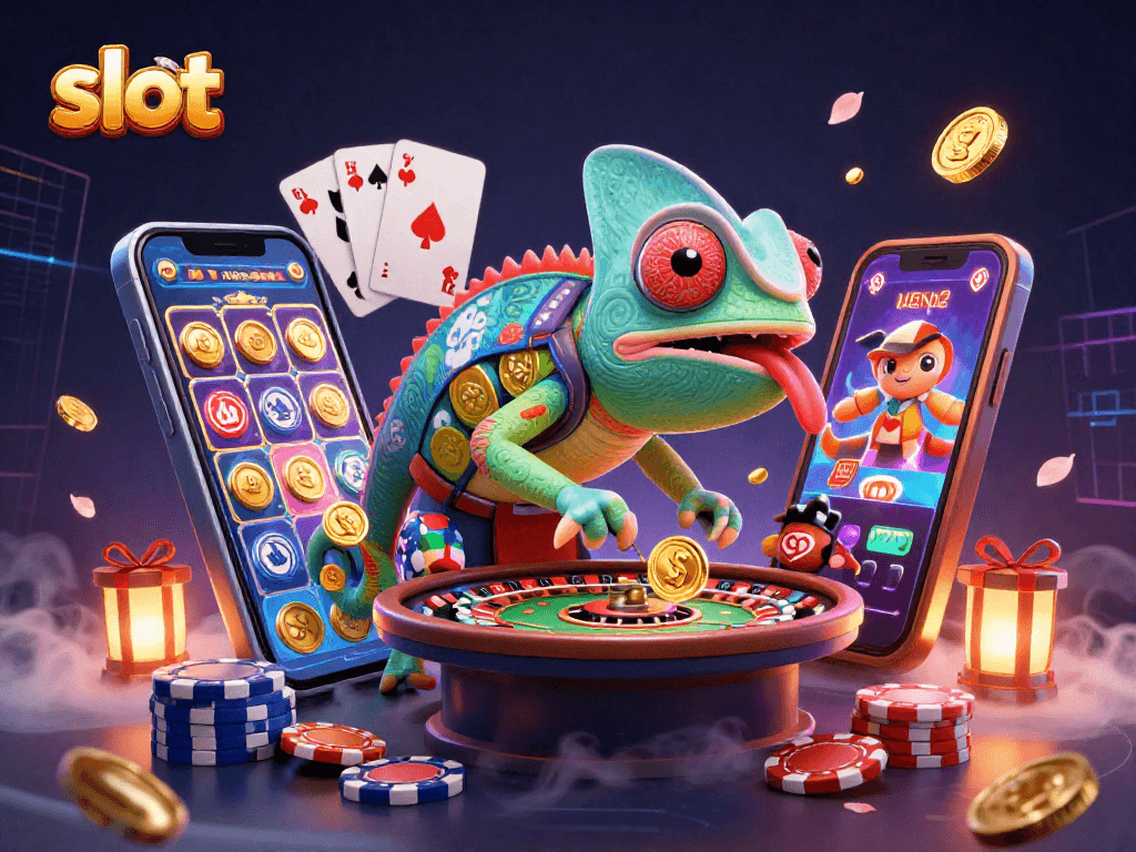 Spin to win at ZEUS222 slot with a playful chameleon owner amidst golden coins and vibrant game elements.