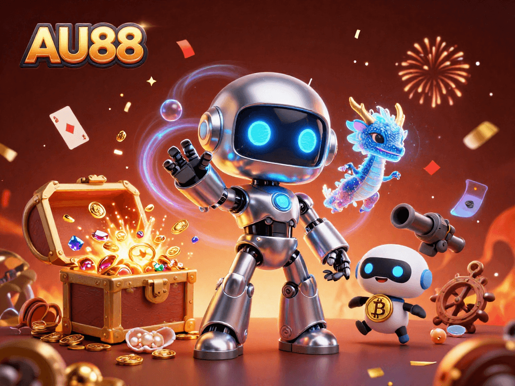 Experience exciting gaming action with AU88's vibrant ultra-detailed 3D casino illustration featuring dynamic characters.