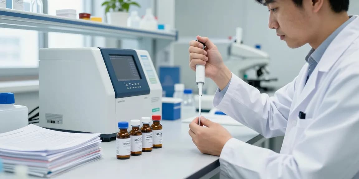 Scientist measuring SwissChems Peptides in a modern laboratory, showcasing advanced research equipment.