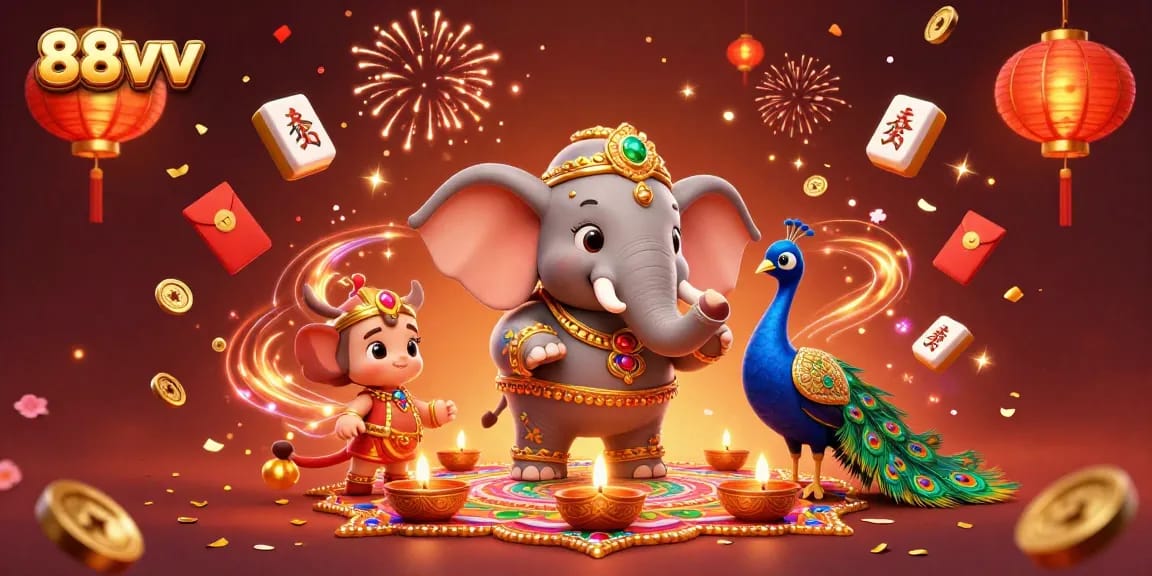 Engage in thrilling gameplay at 88vv with vibrant casino elements and festive characters.