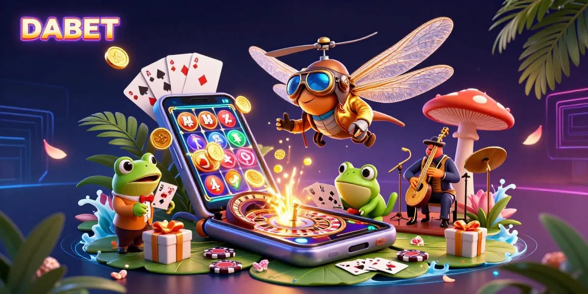 DABET offers players a vibrant casino experience with dynamic gaming elements like floating cards and coins.