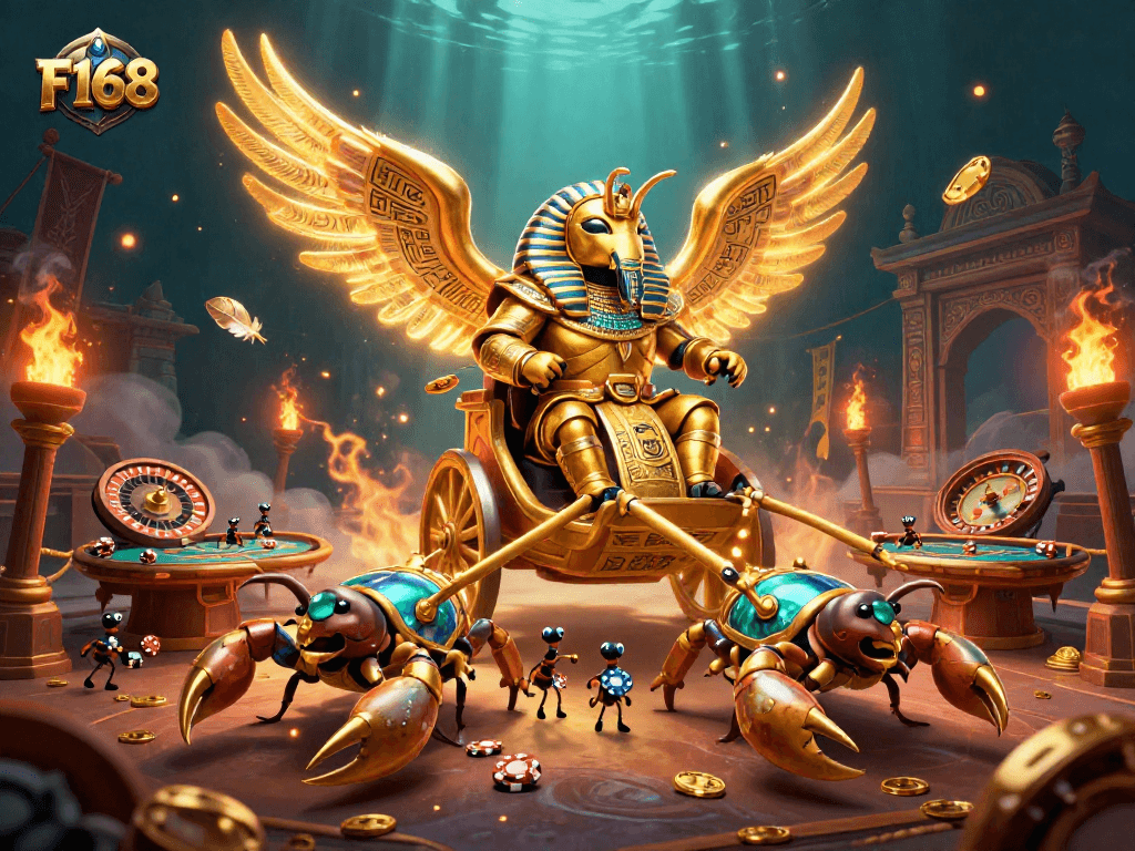 Join the excitement at F168 with a 3D scene featuring a golden scarab beetle casino chariot surrounded by action.