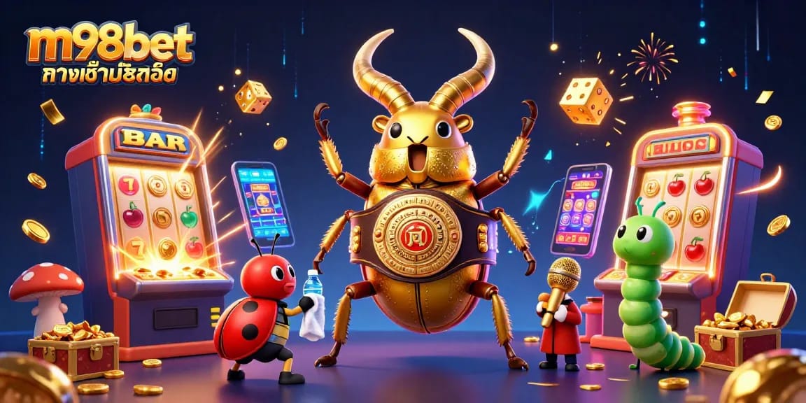Engage with m98bet ทางเข้ามือถือ featuring a dynamic 3D cartoon scene showcasing thrilling casino elements and characters.