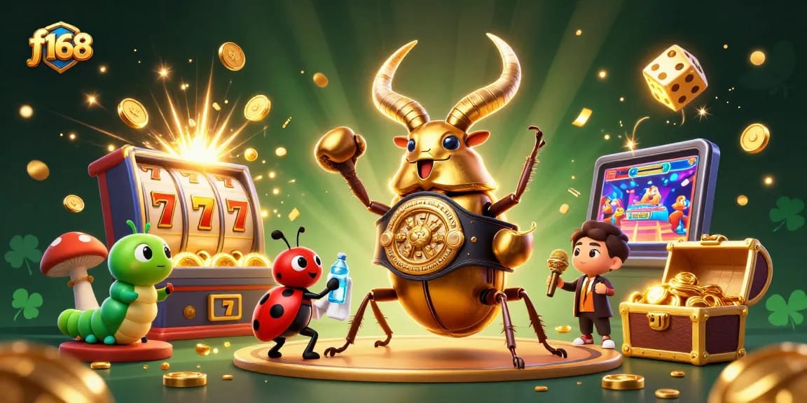 Experience the vibrant f168 casino scene with the golden stag beetle in dramatic action.