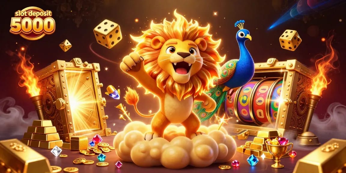 Experience the excitement of slot deposit 5000 in a vibrant casino scene with golden treasures and lucky symbols.