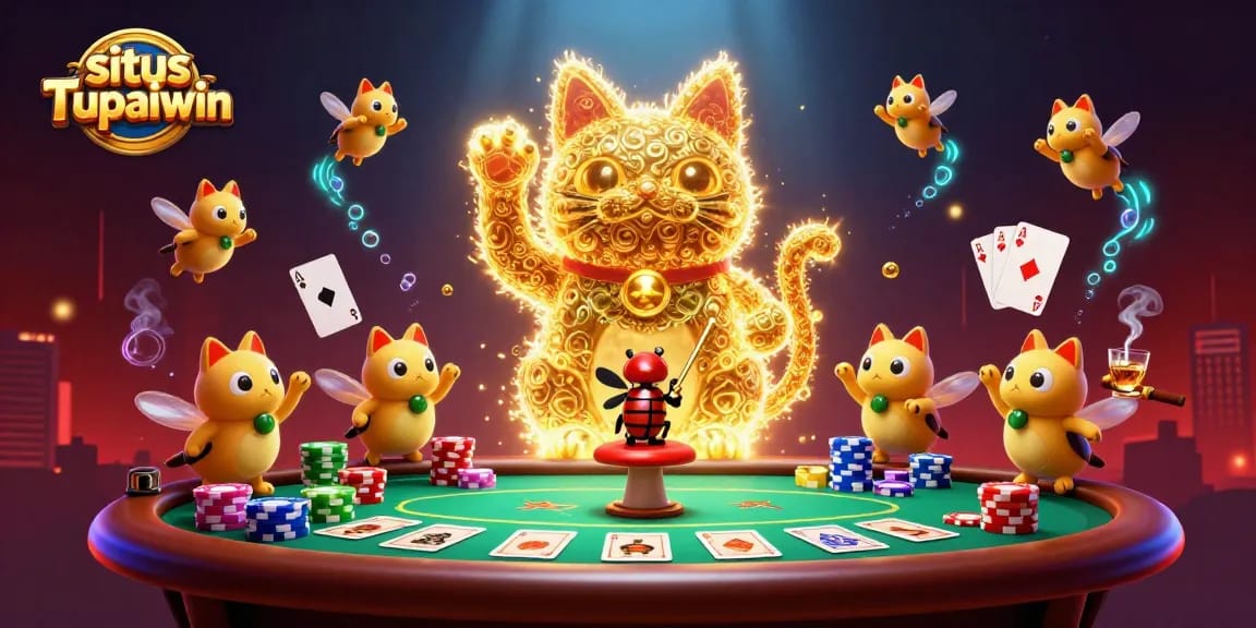 situs Tupaiwin menampilkan ilustrasi 3D lucu dengan karakter kucing keberuntungan dan simbol kasino berkilau.