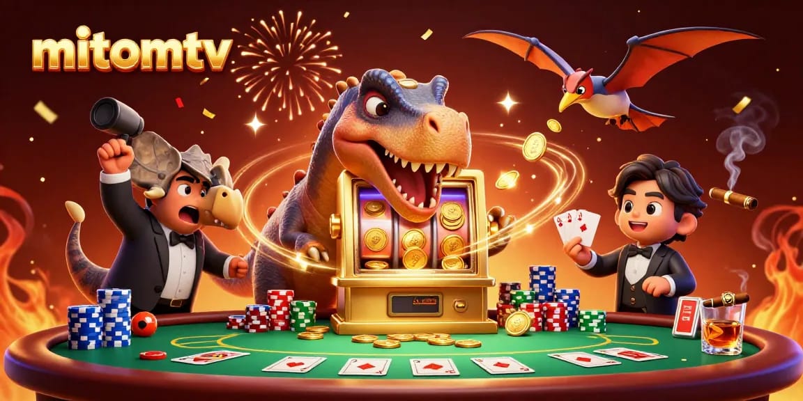 Experience the excitement of mitomtv as a dinosaur plays a golden slot machine, capturing golden coins.