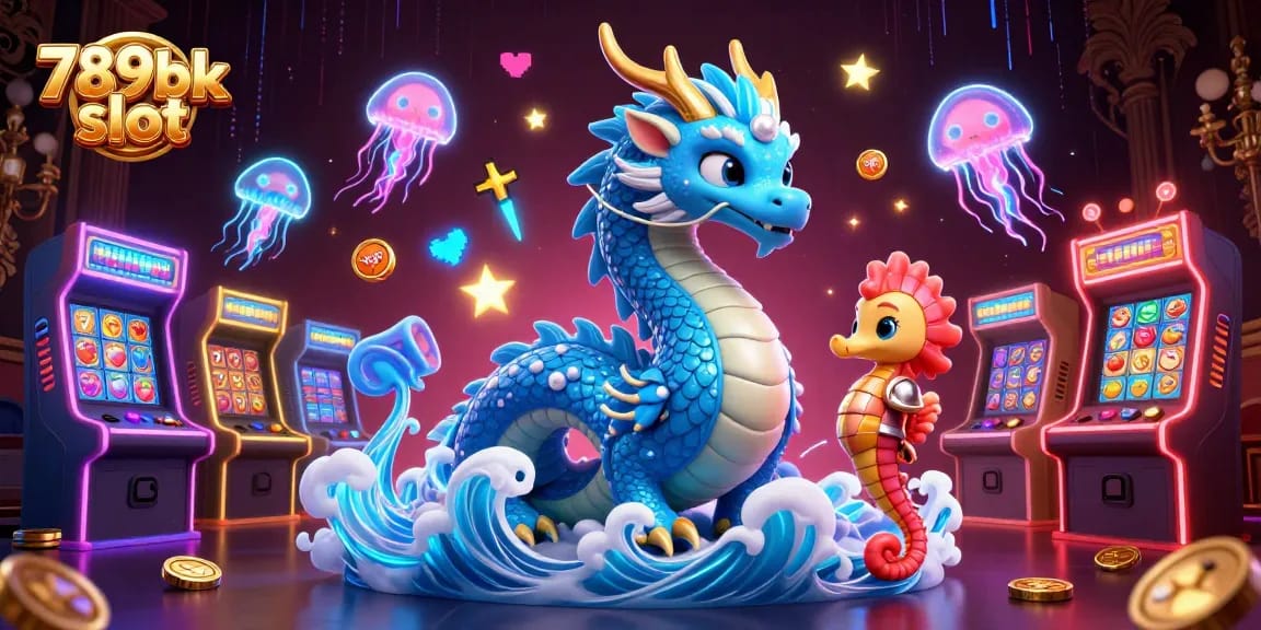 Experience the excitement of 789bk slot with a vibrant gaming scene featuring a dragon and seahorse.