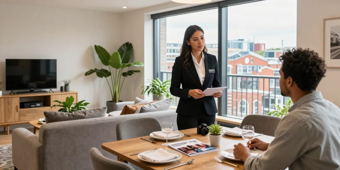 Bristol holiday-let management scene showing a welcoming apartment with local property manager assisting guests in a stylish urban environment.