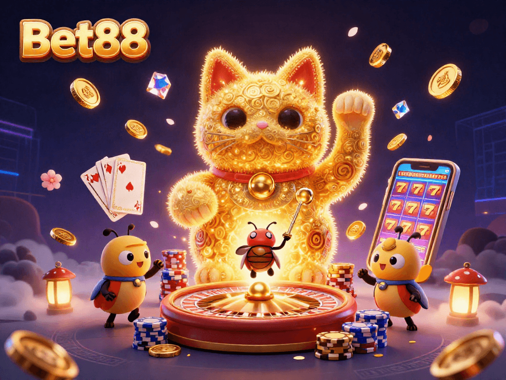 Bet88 showcases a vibrant scene with a lucky cat and casino symbols animated by fireflies for an exciting experience.