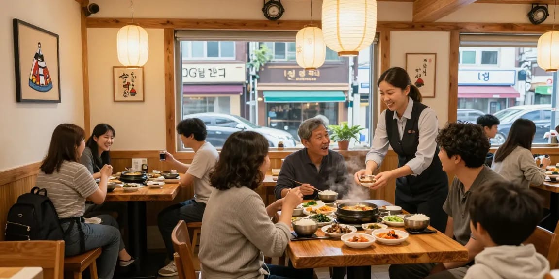 Family enjoying traditional dishes at a cozy 상봉동 한국관 restaurant, capturing the essence of community and food.