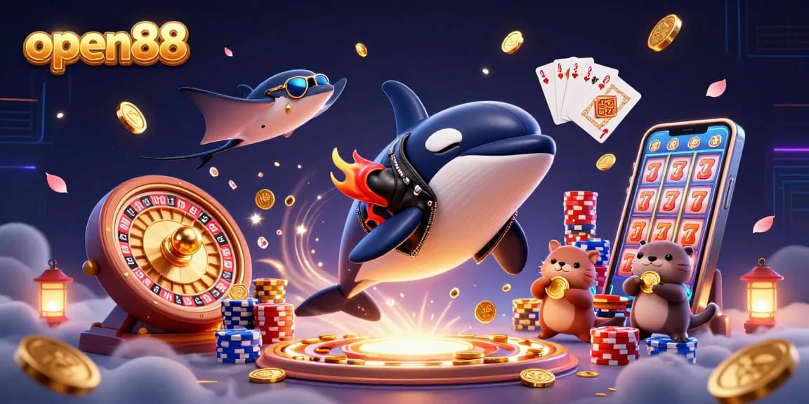 Watch the orca whale leap at open88 with sparkling coins and cards in a vibrant casino scene.