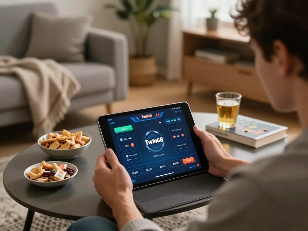Player using Twin68 app for online gambling in a cozy home atmosphere.