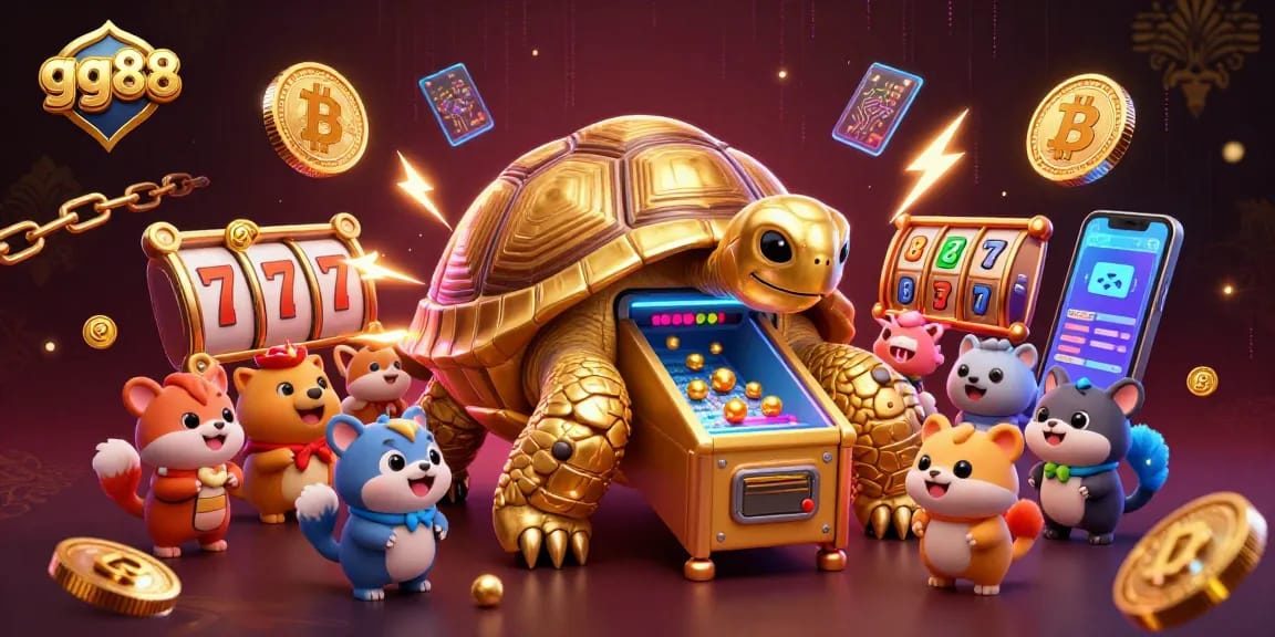 Play engaging games with gg88 featuring a colossal tortoise pinball machine and vibrant slot elements.
