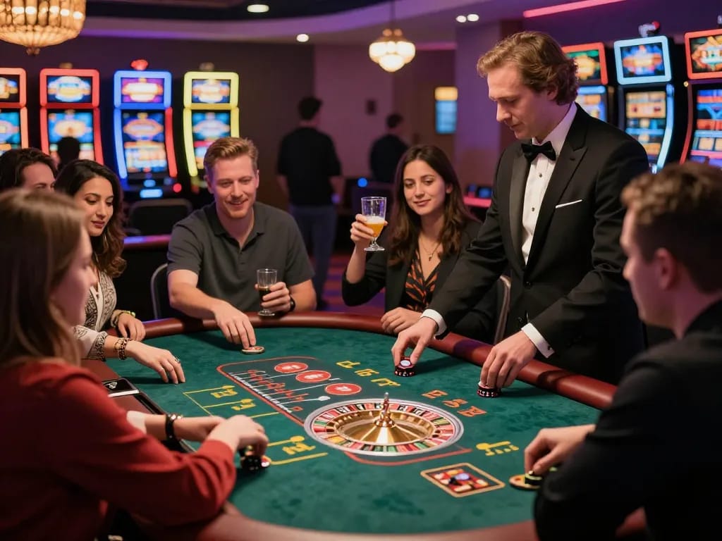 Experience the thrill of MM88 gaming in a vibrant casino setting, with players enjoying roulette and poker.