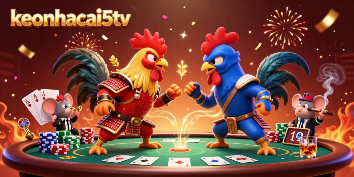 Engage in thrilling action with keonhacai5tv's cartoon fighting roosters at a dynamic poker scene.