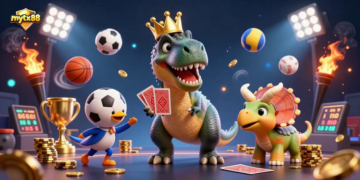 Play at mytx88 with a friendly dinosaur duo shuffling cards and stacking chips amidst vibrant casino elements.