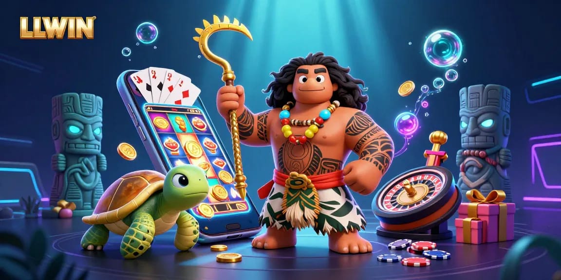Engage with LLWIN's immersive gaming experience featuring vibrant 3D illustrations of popular casino elements.
