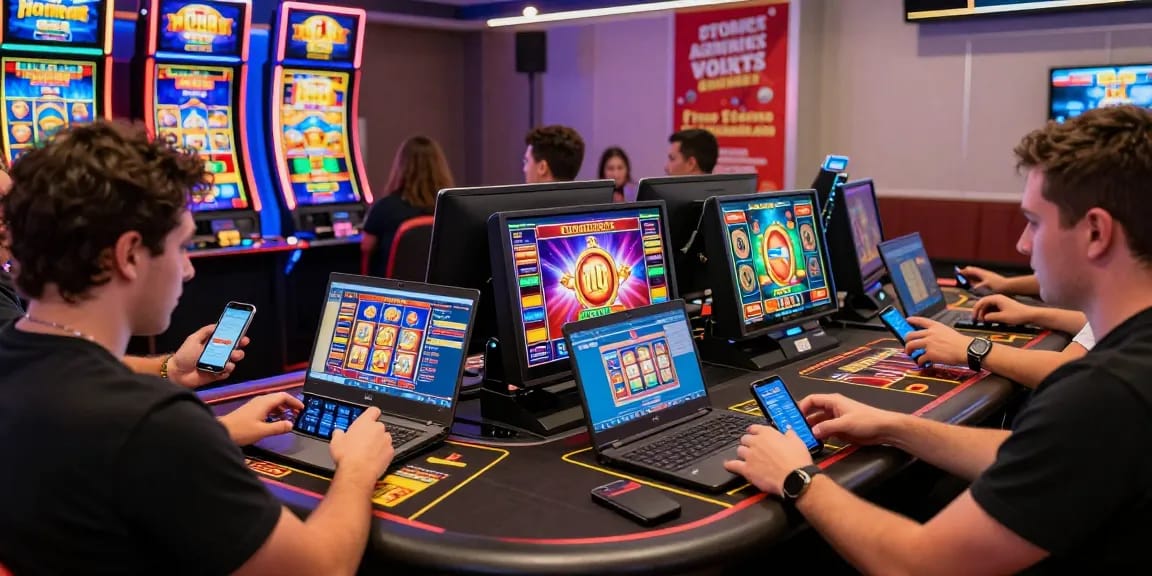 Exciting players engaging with credit card casinos on mobile devices, showcasing vibrant gaming action and promotions