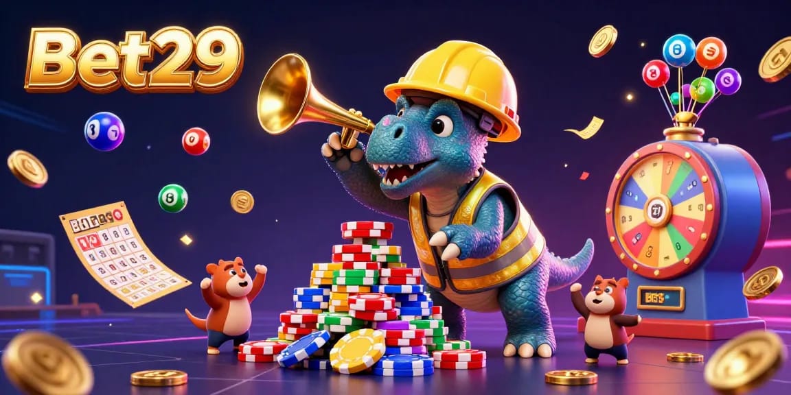 Bet29's vibrant casino scene features a triceratops and parasaurolophus celebrating amidst lottery balls and golden game elements.
