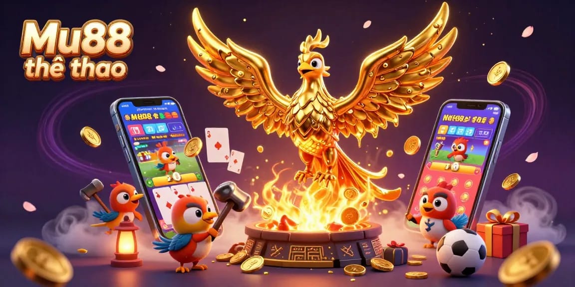Experience Mu88 thể thao with a golden phoenix and engaging sports betting action in this vibrant illustration
