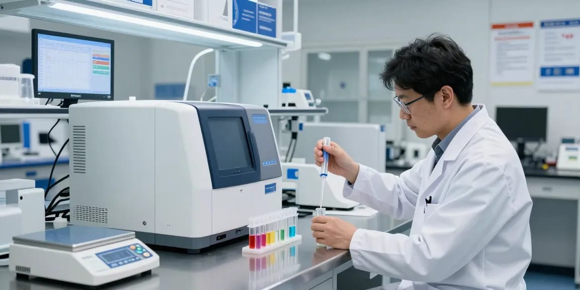 Scientist synthesizing peptides Canada with advanced lab equipment and quality assurance.