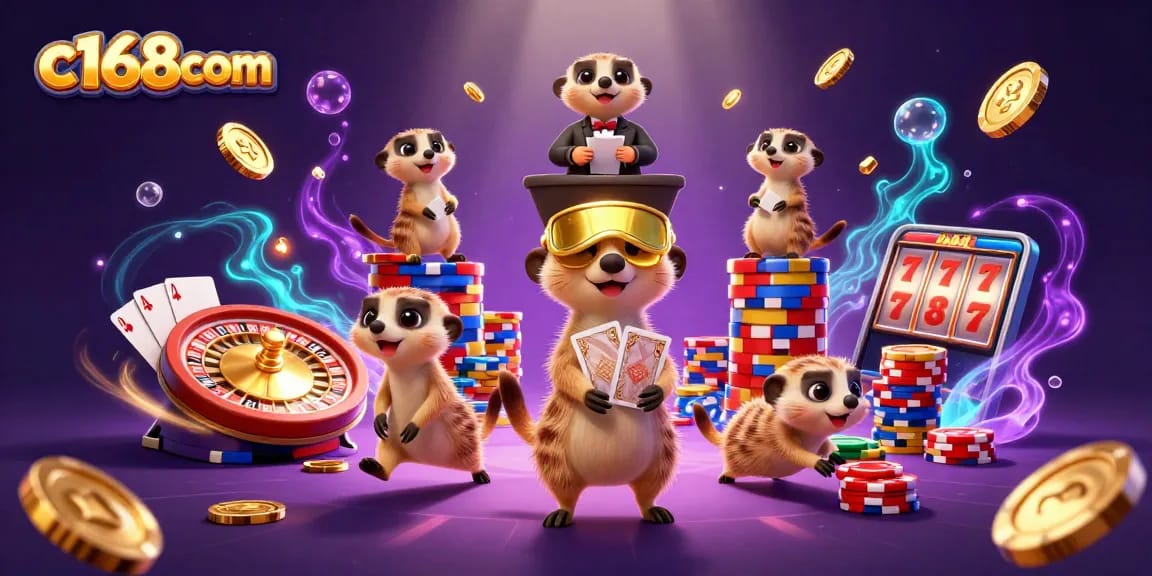 Cascading coins and colorful poker chips surround c168com's cartoon meerkats in an exciting casino scene.
