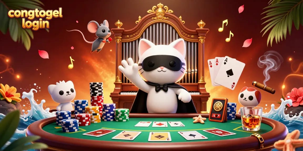 Experience congtogel login under the dynamic scene showcasing a captivating gaming atmosphere filled with poker elements.