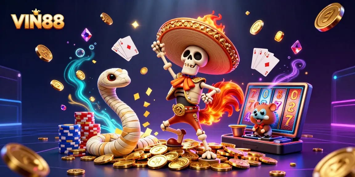 VIN88 features a skeleton mariachi rooster celebrating on gold coins amidst casino elements.