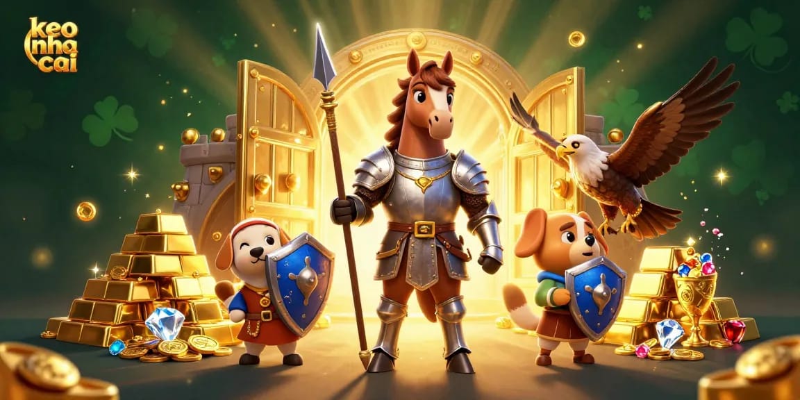 Bettors engage with keo nha cai as a 3D knight, squire, and falcon illuminate a treasure-filled scene.