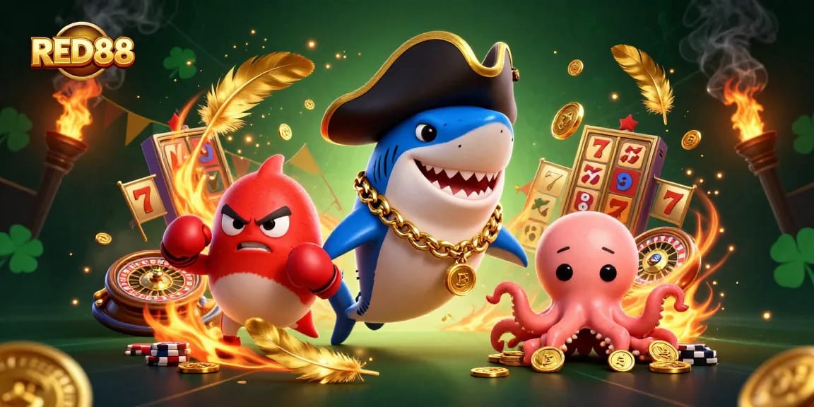 Join the fun with RED88 in this vibrant casino scene featuring a pirate shark and playful characters.