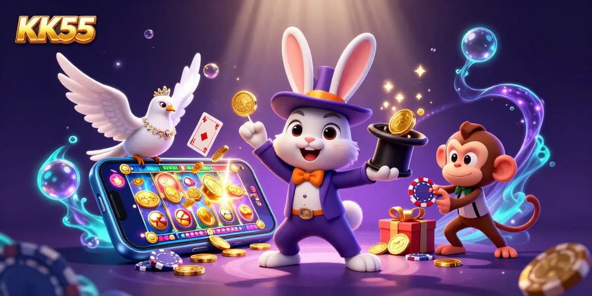 KK55 delights players with a lively casino scene featuring a magician rabbit, a dove, and a monkey amidst vibrant gaming elements.