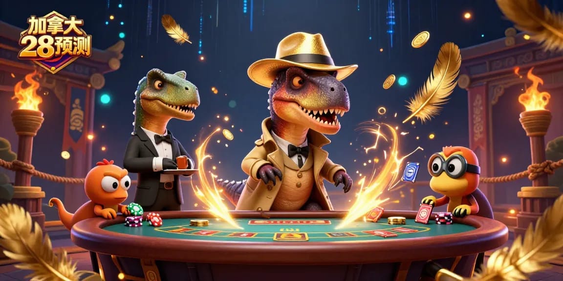 Engaging scene with a velociraptor card counter, depicting 加拿大 28 預測 at a blackjack table.