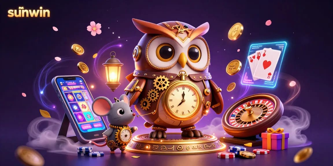 Play engaging slots with sunwin's vibrant 3D casino illustration showcasing colorful games and dynamic characters.