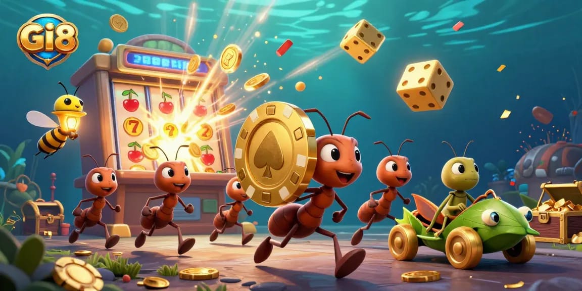 Watch GI8 team of animated ants carry a giant poker chip in this lively casino illustration.