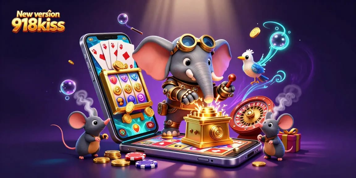Spin to win with New version 918kiss in this vibrant casino-themed 3D illustration.