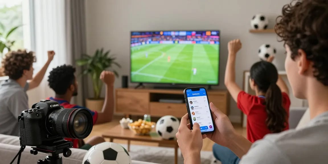 Fans celebrating football matches in HD with the Multicanais app for live updates.