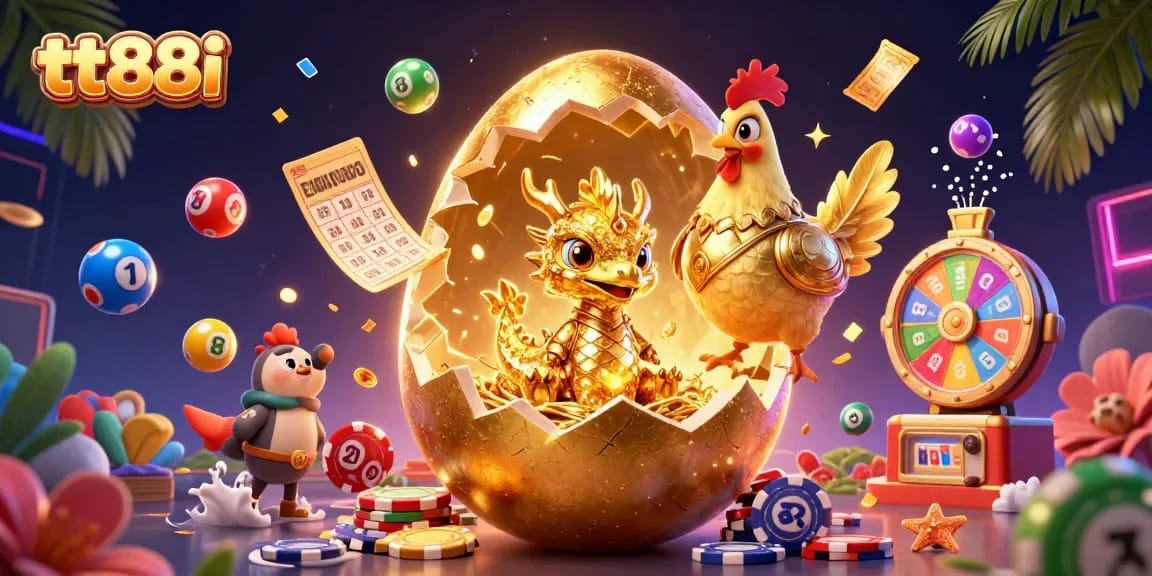 Engage with tt88i's vibrant gaming world showcasing exciting casino elements in a festive 3D illustration.