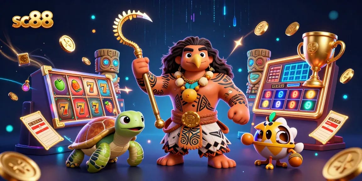 Engage with sc88's vibrant 3D casino scene showcasing a demigod hawk and vibrant slot symbols in action.