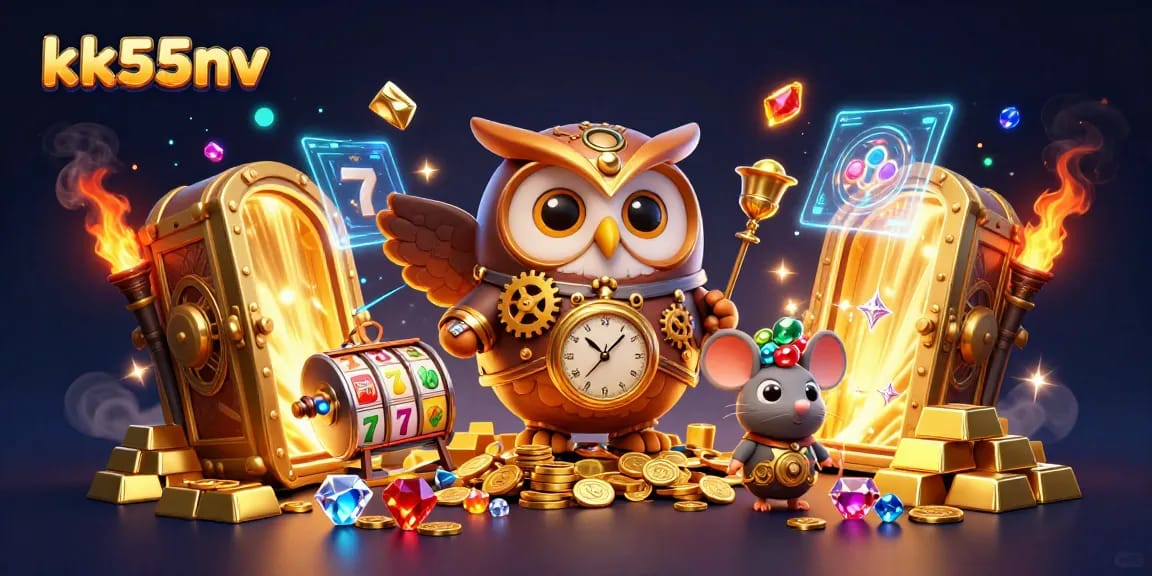 Experience the thrill of kk55nv with vibrant slot reels and golden treasures in a 3D casino scene.