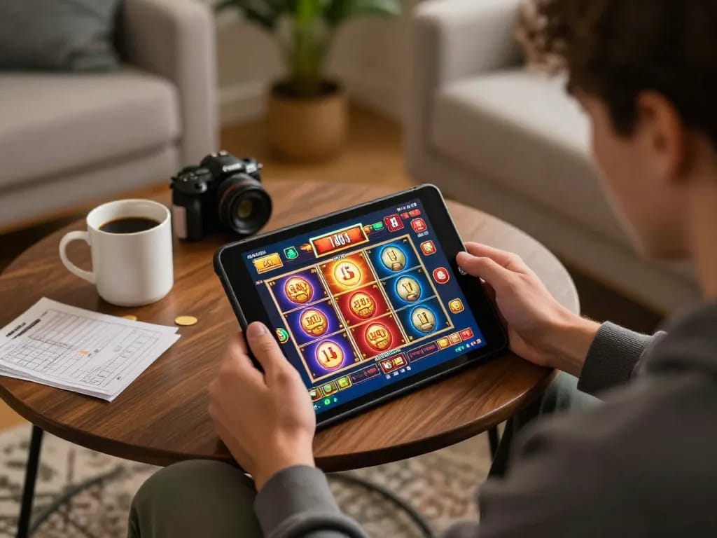 Player enjoying online slot games with torxentertainment on a tablet in a cozy home setting