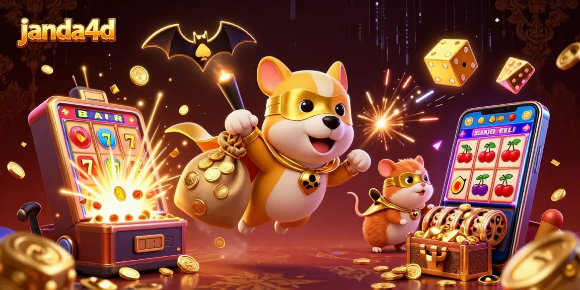 Menggambarkan janda4d dengan karakter superhero anjing terbang membawa koin emas dalam dunia kasino yang cerah.