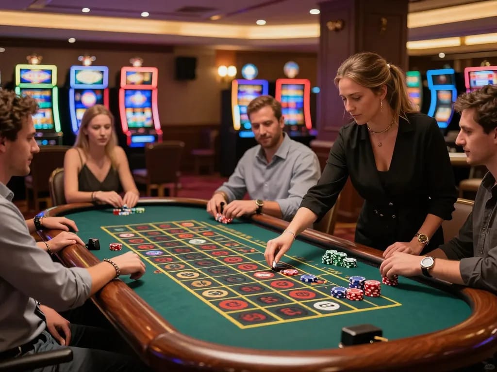 Engaged players at the roulette table in a casino, looking for their 33 win as the croupier spins the wheel.
