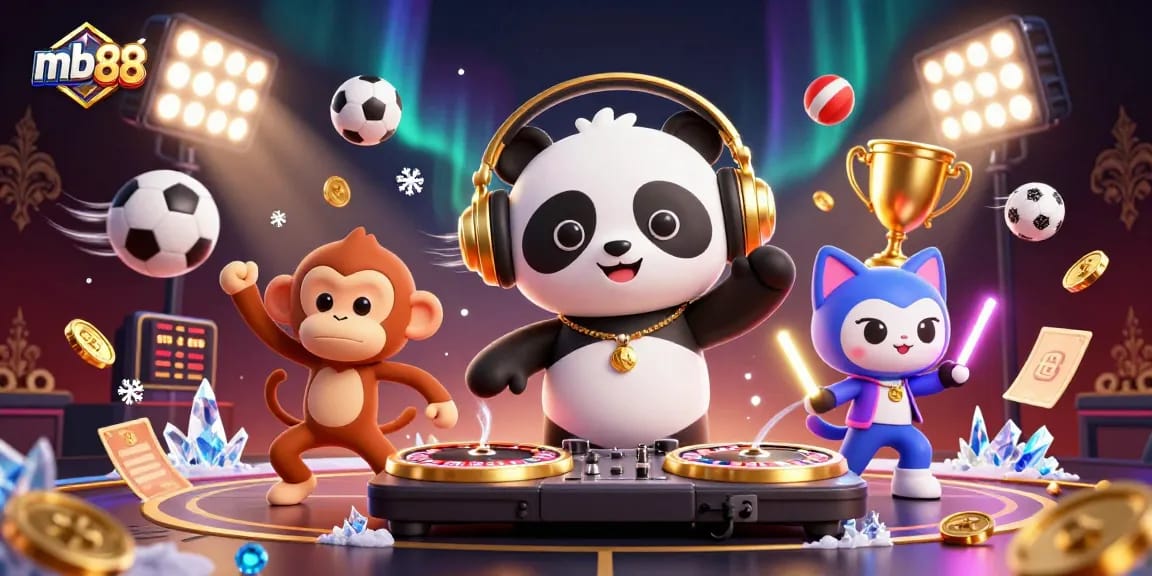mb88 chơi hấp dẫn với DJ panda, khỉ nhảy múa, và mèo trong không gian sôi động.