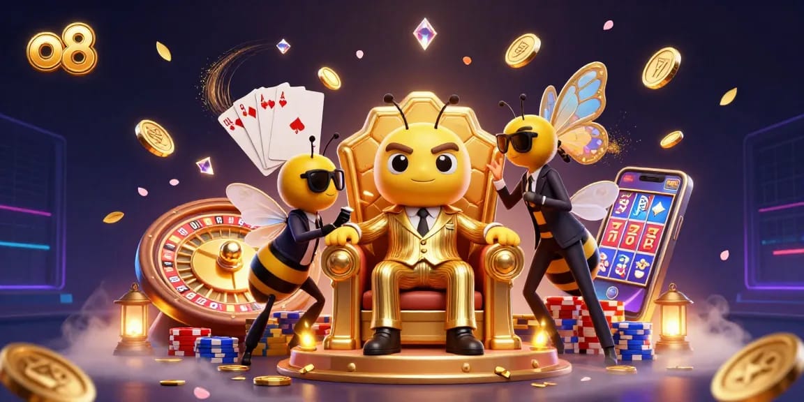 Experience the thrill of the o8 casino with vibrant characters and game elements in a dynamic 3D scene.